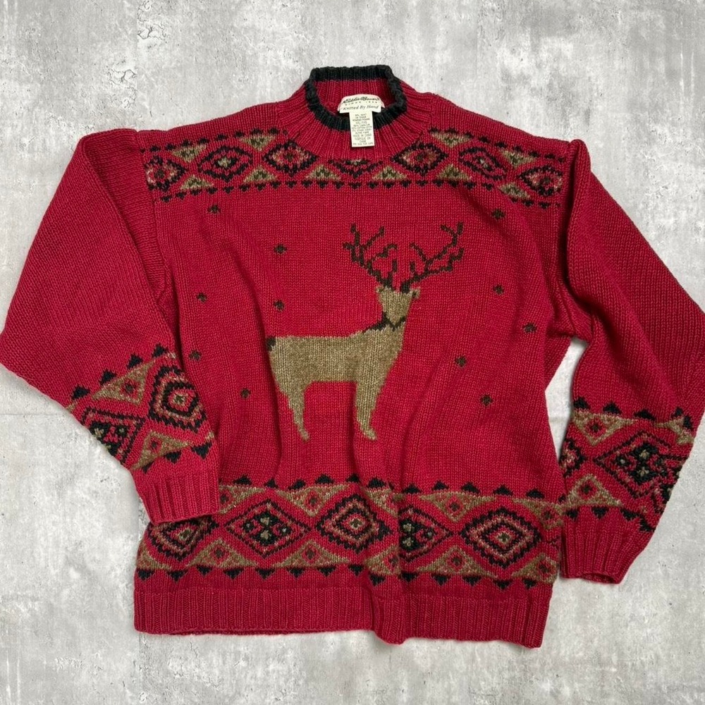 Eddie Bauer Vintage Reindeer Hand Knitted Sweater Red Fair Isle Womens XXL Linen